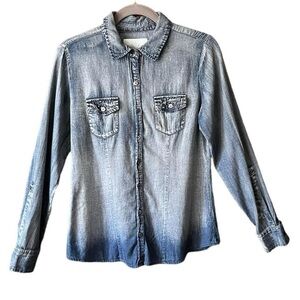 Blue Ombré  chambray Embroidered and Rhinestone Button up Shirt. Size medium